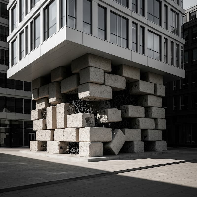 A modern corporate building resting on an unstable foundation of mismatched blocks, representing the hidden cost of cutting costs.