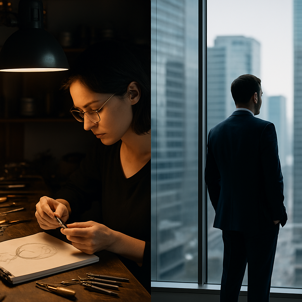 Split-screen image contrasting an artisan at a workbench with a corporate executive overlooking a city skyline, symbolising craftsmanship versus corporate scale.