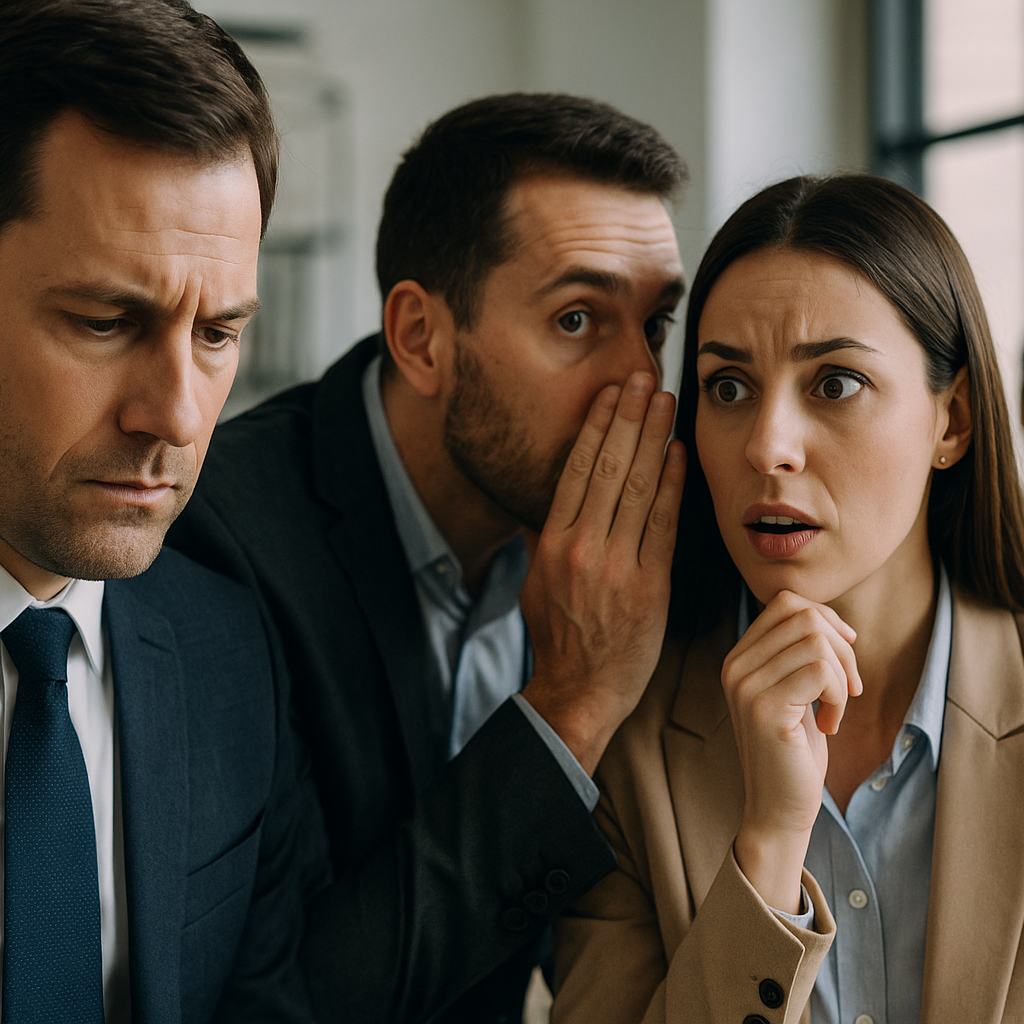 People in an office whispering to each other and looking concerned.